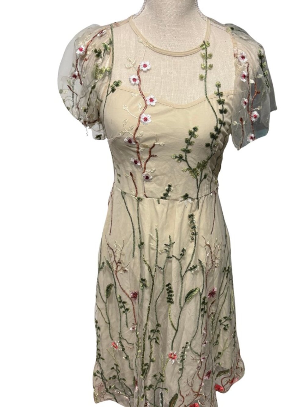 Fairycore Embroidered Mesh Dress Womens Small Floral Sheer Overlay Puff Sleeve